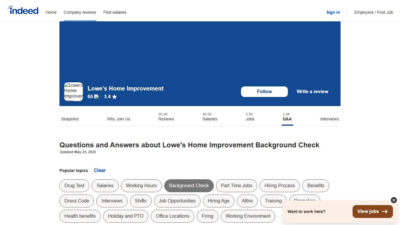 Questions and Answers about Lowe's Home Improvement Background Check Indeed.com