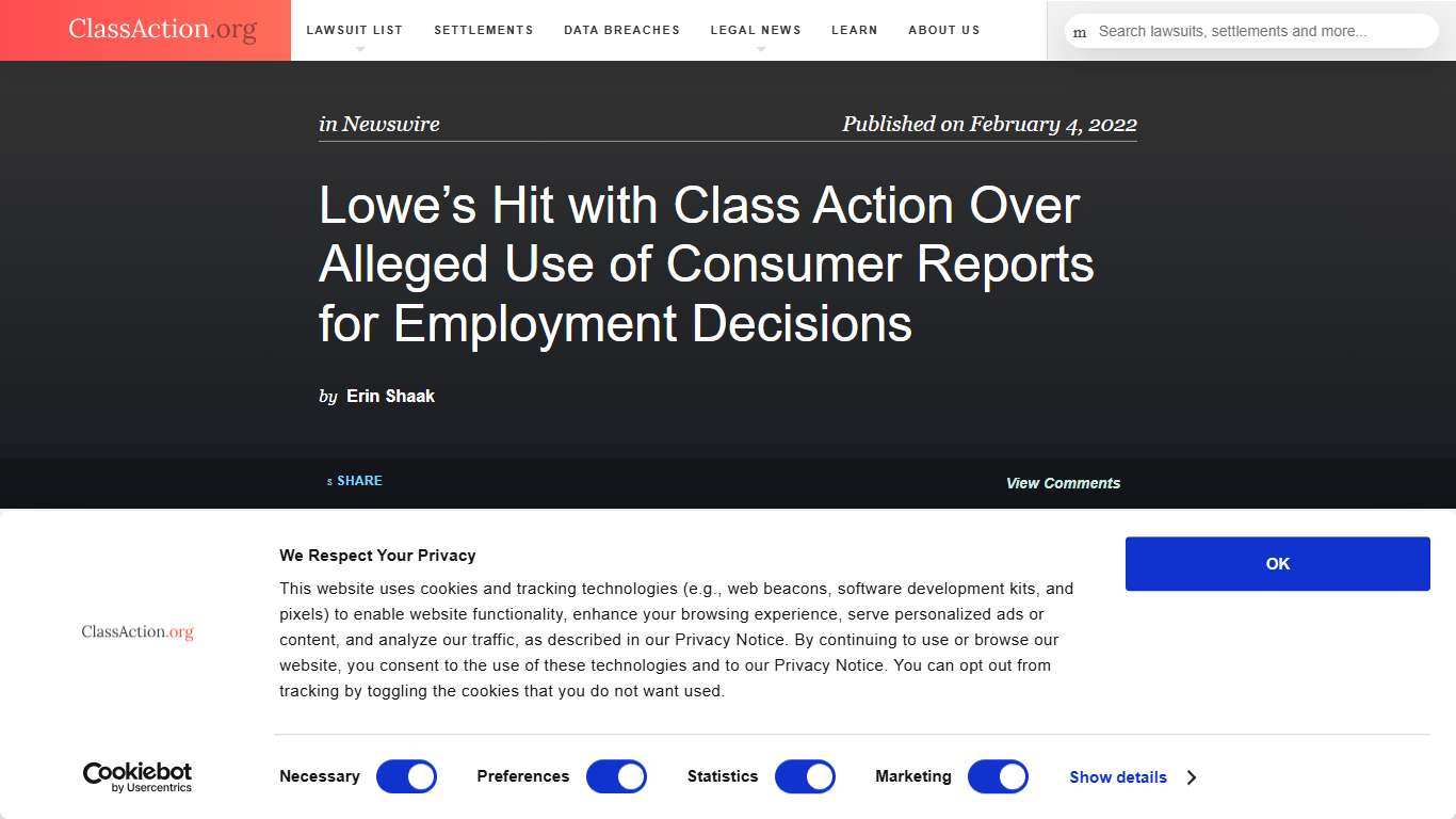Lowe’s Hit with Class Action Over Alleged Use of Consumer Reports for Employment Decisions